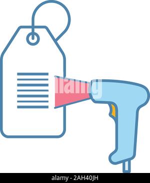 Barcode reader scanning hang tag color icon. Store price label scanning with bar code reader. Shopping center labels reading. Linear barcodes scanner. Stock Vector