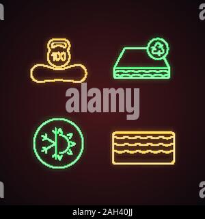 Orthopedic mattress neon light icons set. Dual season, recyclable, memory foam mattress, weight limit up to 100 kg. Glowing signs. Vector isolated ill Stock Vector