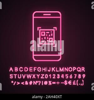 QR code scanning smartphone app neon light icon. Matrix barcode scanner. 2D code mobile phone reader. Glowing sign with alphabet, numbers and symbols. Stock Vector