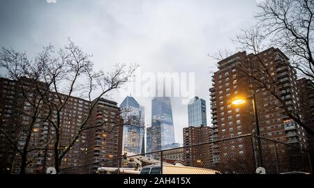 Hudson Yards in New York is seen between the buildings of the Penn South Cooperative on Tuesday, December 17, 2019. (© Richard B. Levine) Stock Photo