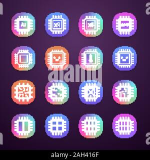 Processors app icons set. Multi-core processors. Chips, microchips, chipsets. CPU. Central processing units. Integrated circuits. UI/UX user interface Stock Vector