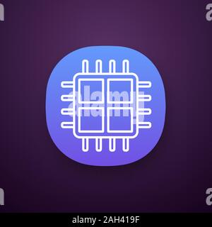 Quad core processor app icon. Four core microprocessor. Microchip, chipset. CPU. Central processing unit. Multi-core processor. Integrated circuit. UI Stock Vector