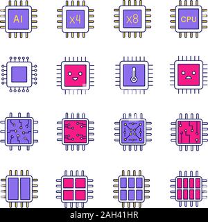 Processors color icon. Multi-core processors. Chips, microchips, chipsets. CPU. Central processing units. Integrated circuits. Isolated vector illustr Stock Vector