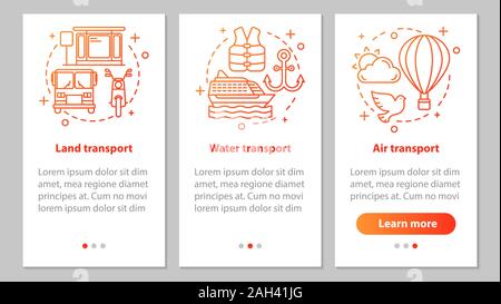 Modes of transports onboarding mobile app page screen with linear concepts. Land, air and water transportation steps graphic instructions. UX, UI, GUI Stock Vector