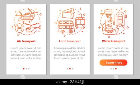Modes of transports onboarding mobile app page screen with linear concepts. Land, air and water transportation steps graphic instructions. UX, UI, GUI Stock Vector