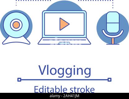 Vlogging concept icon. Streaming idea thin line illustration. Video hosting. Video content sharing. Web camera, microphone, laptop. Vector isolated ou Stock Vector