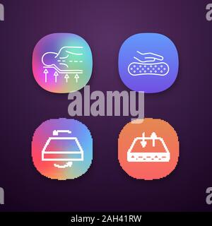 Orthopedic mattress app icons set. Back support, latex material, dual season mattress, breathable cover. UI/UX user interface. Web or mobile applicati Stock Vector