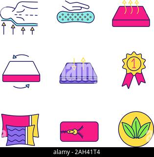Mattress color icons set. Orthopedic, latex, breathable, dual season, ecological mattress with removable cover, pillows and award medal. Isolated vect Stock Vector