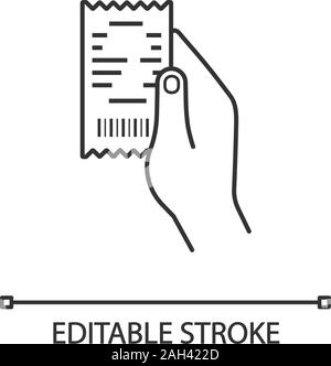 Hand holding cash receipt linear icon. Paper check. Thin line illustration. Bill. Contour symbol. Vector isolated outline drawing. Editable stroke Stock Vector