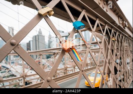 Love locks on Brooklyn Bridge, NYC, USA Stock Photo