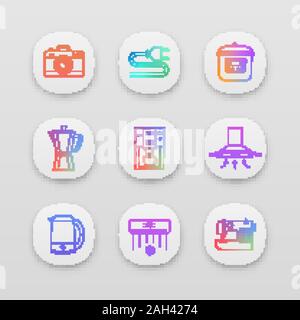 Household appliance app icons set. Photo camera, wire plug, multi cooker, coffee maker, range hood, electric kettle, coffee machine, air conditioner, Stock Vector