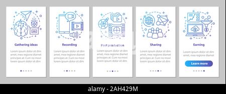 Vlogging onboarding mobile app page screen with linear concepts. Video idea, recording, post production, sharing, earning steps graphic instructions. Stock Vector