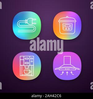Household appliance app icons set. Electric plug, multicooker, coffee machine, range hood. UI/UX user interface. Web or mobile applications. Vector is Stock Vector