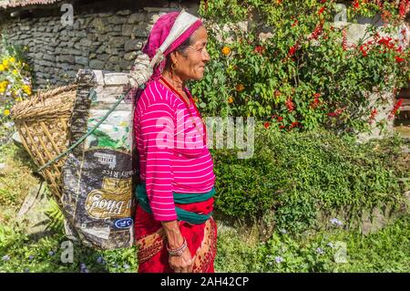 Old woman carrying a basket on her back in a mountain village near Pokhara, Nepal Stock Photo