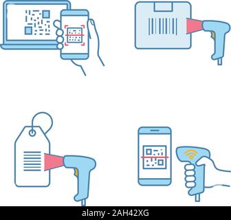 Barcodes color icons set. Smartphone bar code scanning, delivery barcode scanning, hang tag, handheld qr code scanner. Isolated vector illustrations Stock Vector