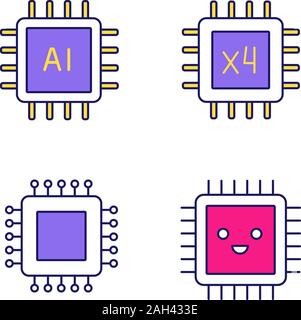 Processors color icon. Chip, integrated circuit for ai system, smiling microprocessor, quad core processor. Isolated vector illustration Stock Vector