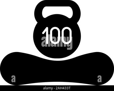 Maximum weight limit up to 100 kg glyph icon. Mattress weight recommendation per person of hundred kilograms. Mattress and kettlebell. Silhouette symb Stock Vector