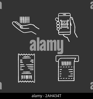 Barcodes chalk icons set. Linear barcode in hand, QR codes scanning app, cash receipt, ATM paper check. Isolated vector chalkboard illustration Stock Vector