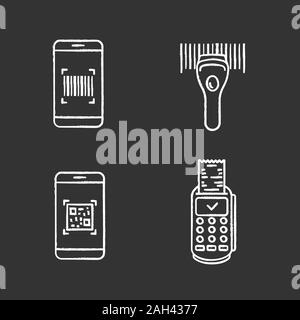 Barcodes chalk icons set. Smartphone barcode scanner, linear code reader, scanning app, payment terminal receipt. Isolated vector chalkboard illustrat Stock Vector