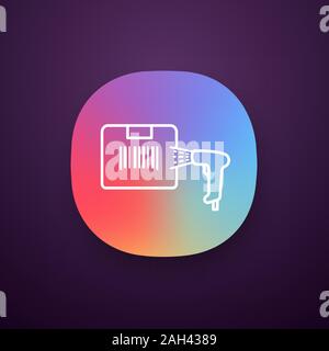 Box label scanning with barcode scanner app icon. Parcel bar code identification. Linear bar code handheld reader. Inventory control. Delivery service Stock Vector