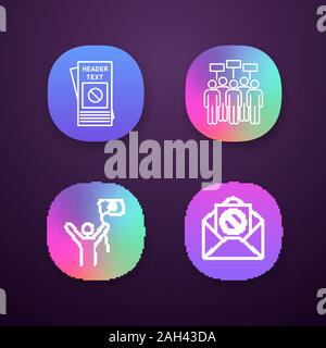 Protest action app icons set. UI/UX user interface. Protester, meeting, protest email, leaflet. Web or mobile application. Vector isolated illustratio Stock Vector