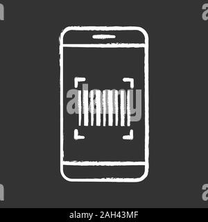 Barcode scanning app chalk icon. Smartphone reading linear barcode. One dimensional code scanner. Isolated vector chalkboard illustration Stock Vector