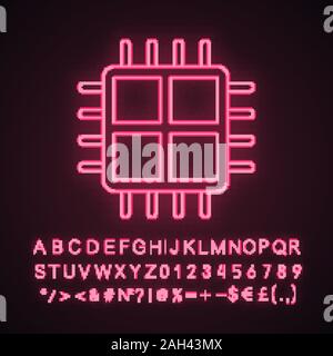 Quad core processor neon light icon. Four core microprocessor. Microchip, chipset. CPU. Multi-core processor. Integrated circuit. Glowing sign with al Stock Vector