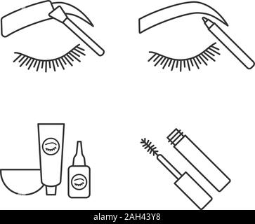 Eyebrows shaping linear icons set. Brows tinting and contouring with pencil, eyebrows and eyelash dye kit, mascara. Thin line contour symbols. Isolate Stock Vector
