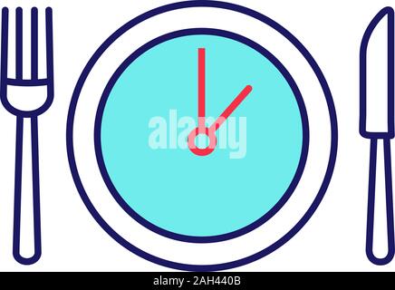Lunch time color icon. Dinner break. Afternoon business meeting. Business lunch timing and duration. Table knife, fork and plate with clock inside. Is Stock Vector