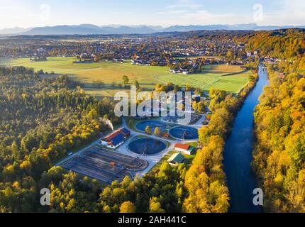 Germany, Bavaria, Upper Bavaria, Aerial view of sewage treatment plant on Loisach river Stock Photo