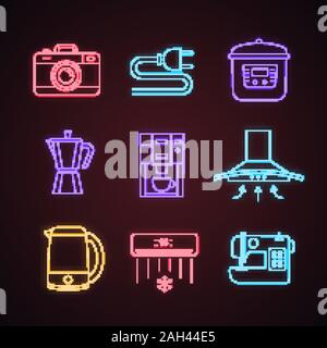 Household appliance neon light icons set. Photo camera, wire plug, multi cooker, coffee maker, range hood, kettle, coffee machine, air conditioner, se Stock Vector