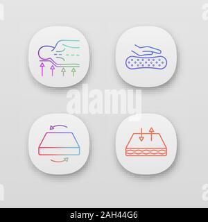 Orthopedic mattress app icons set. Back support, latex material, dual season mattress, breathable cover. UI/UX user interface. Web or mobile applicati Stock Vector