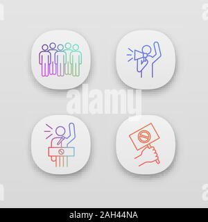 Protest action app icons set. UI/UX user interface. Meeting, protester, protest banner, speech. Web or mobile applications. Vector isolated illustrati Stock Vector