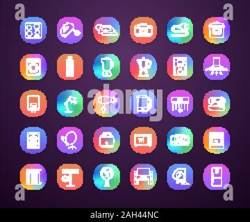 Household appliance app icons set. Home and kitchen electronics. Refrigerator, vacuum cleaner, washing machine, mixer, dishwasher, oven, stove. UI/UX Stock Vector