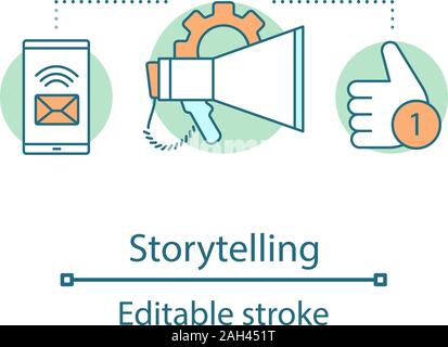 Storeytelling concept icon. Digital marketing idea thin line illustration. Promotion. Vector isolated outline drawing. Editable stroke Stock Vector