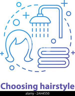 Choosing hairstyle concept icon. Taking bath idea thin line illustration. Shower, towels and wig. Vector isolated outline drawing Stock Vector