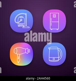 Household appliance app icons set. Vacuum cleaner, fridge, hair dryer, electric kettle. UI/UX user interface. Web or mobile applications. Vector isola Stock Vector
