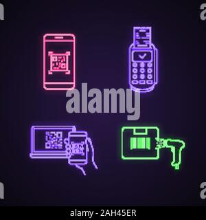 Barcodes neon light icons set. Smartphone app QR code scanner, payment terminal cash receipt, parcel barcode scanning. Glowing signs. Vector isolated Stock Vector