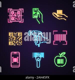 Barcodes neon light icons set. QR code scanning, cash receipt, barcode in hand, handheld scanner, linear code, smartphone app, grocery. Glowing signs. Stock Vector