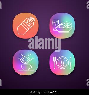 Business lunch app icons set. Fork and knife, salad and cold drink, partnership, business dinner. UI/UX user interface. Web or mobile applications. Ve Stock Vector