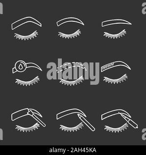 Eyebrows shaping chalk icons set. Arched, rounded, straight brows, makeup removal, microblading, tattooing, eyebrows contouring, tinting with pencil a Stock Vector