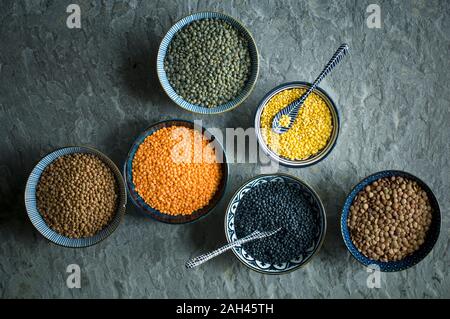 Bowls of colorful lentils
