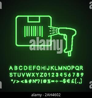 Box label scanning with barcode scanner neon light icon. Parcel bar code identification. Bar code handheld reader. Delivery service. Glowing sign with Stock Vector