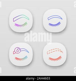 Eyebrows shaping app icons set. UI/UX user interface. Steep arched and rounded eyebrows, makeup removal, brows contouring. Web or mobile applications. Stock Vector