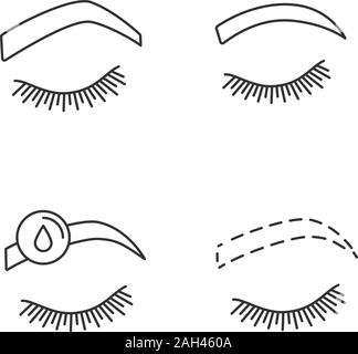 Eyebrows shaping linear icons set. Steep arched and rounded eyebrows, makeup removal, brows contouring. Thin line contour symbols. Isolated vector out Stock Vector