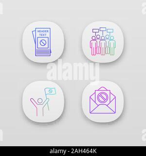 Protest action app icons set. Protester, meeting, protest email, leaflet. UI/UX user interface. Web or mobile applications. Vector isolated illustrati Stock Vector
