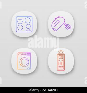 Household appliance app icons set. Electric induction hob, handheld mixer, washing machine, air conditioner remote control. UI/UX interface. Web or mo Stock Vector