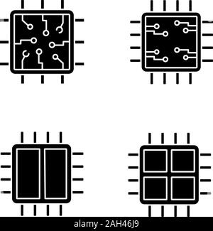 Processors glyph icons set. Chip, microprocessor, integrated unit, dual and quad core processors. Silhouette symbols. Vector isolated illustration Stock Vector