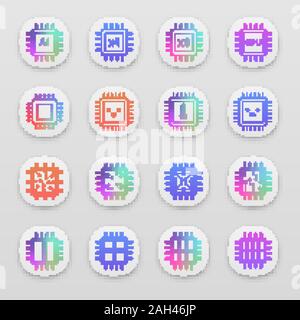 Processors app icons set. Multi-core processors. Chips, microchips, chipsets. CPU. Central processing units. Integrated circuits. UI/UX user interface Stock Vector