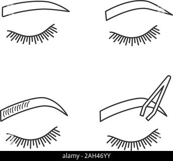 Eyebrows shaping linear icons set. Straight and soft arched eyebrows shape, brows microblading, tweezing. Thin line contour symbols. Isolated vector o Stock Vector